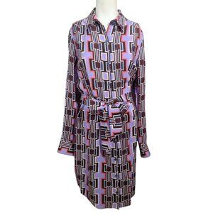 Trina Turk Silk Geometric Button Shirt Dress Size M Belt Office Roll Tab READ